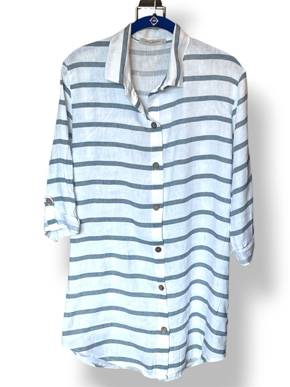 Italian Striped Button-Up Tunic Shirt in Light Blue and White 100% Linen.